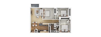 A floor plan of a small apartment with two bedrooms and a living area.