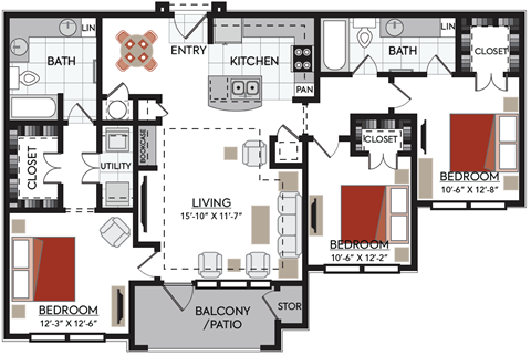 3 bedroom C1 floor plan 2380 Main at Sugarloaf Duluth, GA