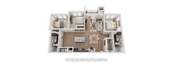 A 3D floor plan of a house with labeled rooms.