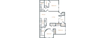 A floor plan of a house with a kitchen, living room, dining room, and three bedrooms.