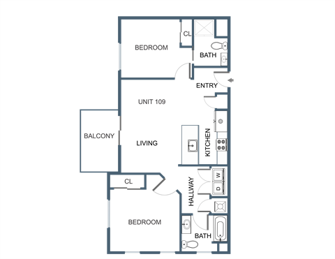 Two Bedroom Two Bathroom Floor Plan at Latitude at South Portland Apartment, Maine, 04106