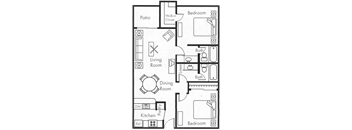A floor plan of a house with a patio, living room, dining room, kitchen, and two bedrooms.