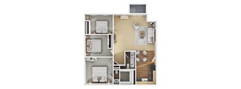 A floor plan of a small apartment with two bedrooms and a living area.