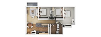 A floor plan of a small apartment with a kitchen, living room, and bathroom.
