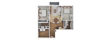 A top down view of a small apartment with a kitchen, living room, and bedroom.