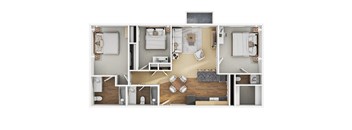 A floor plan of a house with two bedrooms, a living room, a kitchen, and a bathroom.