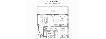 A floor plan of a Clarkson apartment with a living area, kitchen, bathroom, and bedroom.