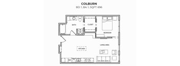 A floor plan of a one bedroom apartment with a living area, kitchen and bathroom.