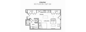A floor plan of a studio apartment with a kitchen, living area and bathroom.