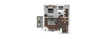 A top-down view of a modern apartment layout with a kitchen, living room, and bathroom.