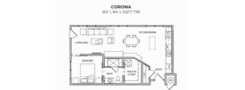 A black and white image of a floor plan for a one bedroom apartment.