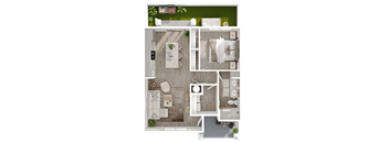 A floor plan of a house with a kitchen, living room, dining room, and bathroom.