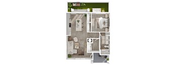 A floor plan of a house with a kitchen, living room, dining room, and bathroom.