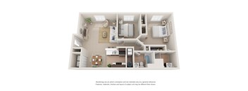 A 3D rendered image of a modern apartment layout.