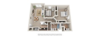 A floor plan of a house with a kitchen, living room, two bedrooms, and a bathroom.