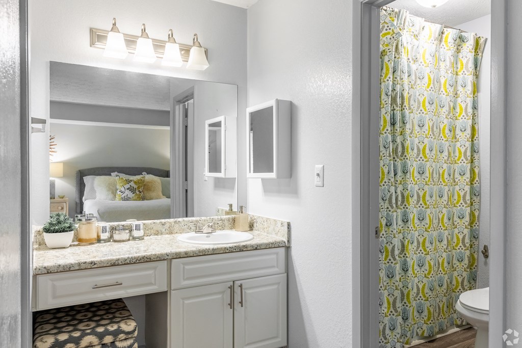 a bathroom with a shower and a sink and a mirror