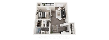 A 3D floor plan of a small apartment with a kitchen, living room, and bedrooms.