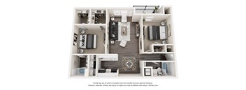 A 3D floor plan of a house with a kitchen, living room, and bedrooms.