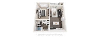 A 3D floor plan of a small apartment with a bedroom, bathroom, and kitchen.