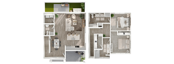 A floor plan of a house with a kitchen, living room, and bathrooms.