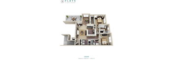 A 1,250 square foot condo with two bedrooms and two balconies is displayed.
