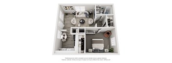 A 3D floor plan of a house with a living room, kitchen, dining room, and bathroom.