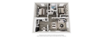 A 3D floor plan of a small apartment with a bedroom, living room, and kitchen.