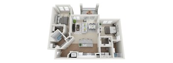 A 3D floor plan of a small apartment with a kitchen, living room, and bedroom.