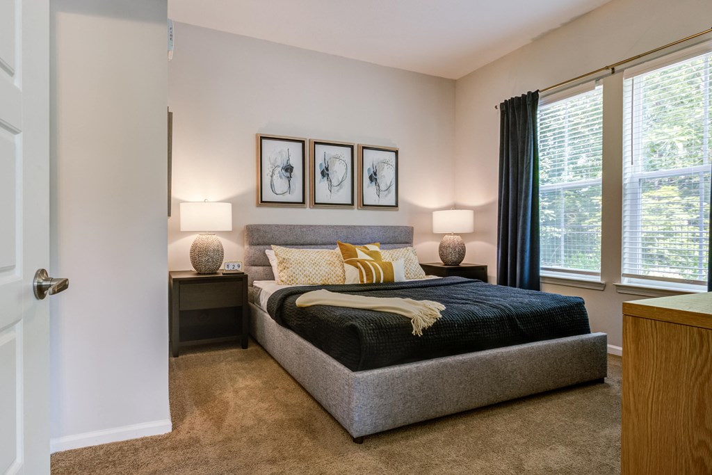a bedroom with a bed and two windowsat Century University City, North Carolina, 28213