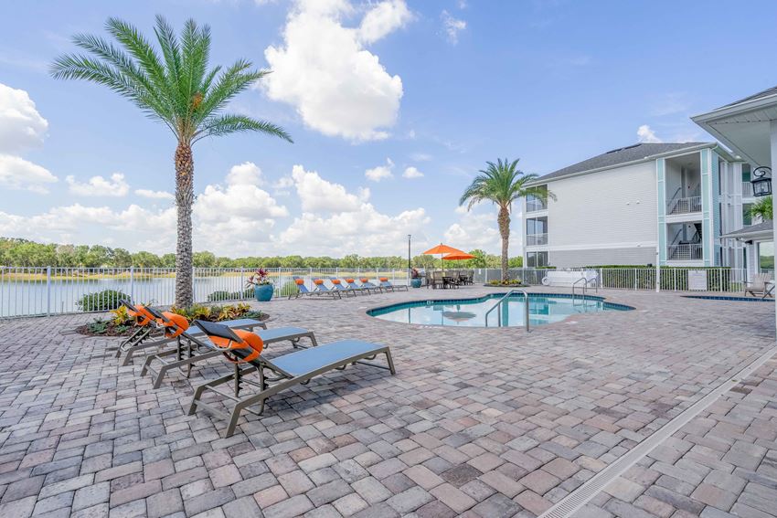 a swimming pool with chairs and palm trees next to a house
