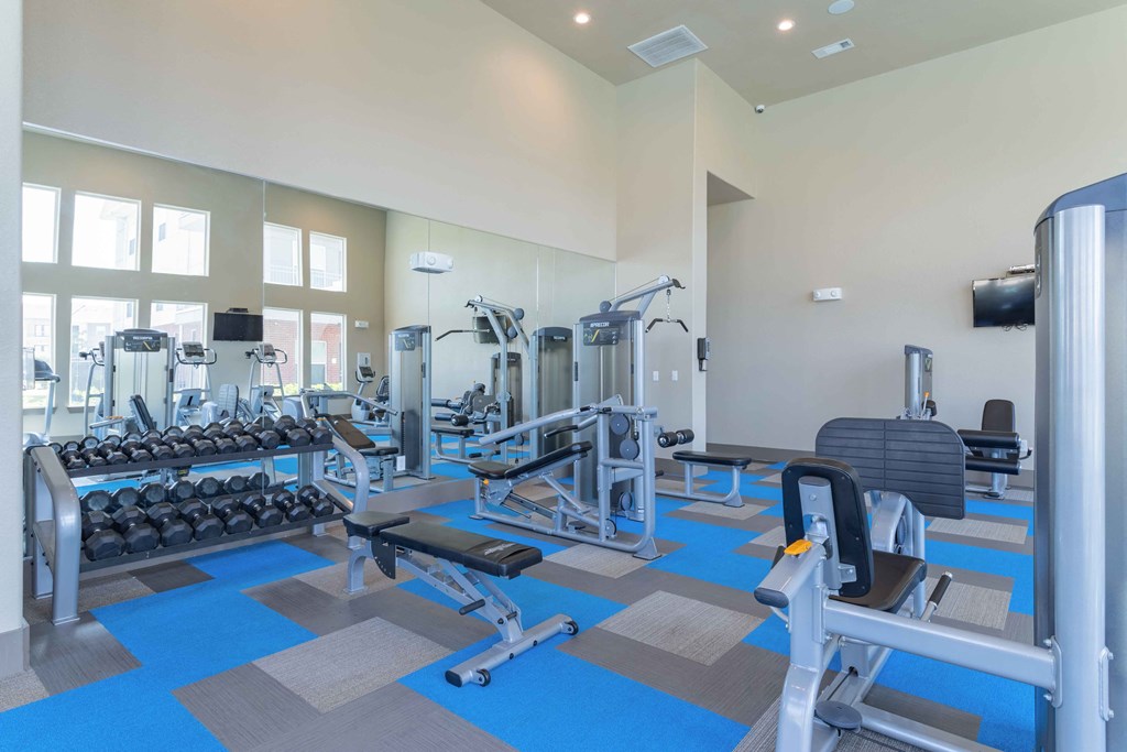 a gym with cardio equipment and weights at the arcadia apartments at Century Palm Bluff, Portland, TX, 78374
