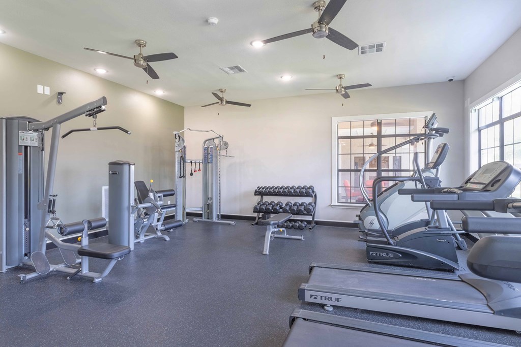 gym with cardio equipment at the whispering winds apartments in pearland, tx at Century South Shore, League City, TX