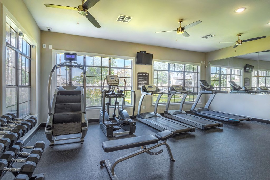 a gym with cardio equipment and windows  at Century South Shore, League City, Texas