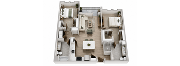 A top-down view of a house interior with a kitchen, living room, and bathroom.