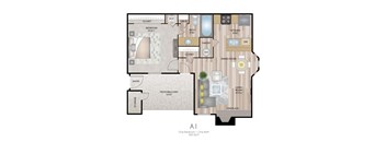 A floor plan of a one bedroom, one bath apartment.