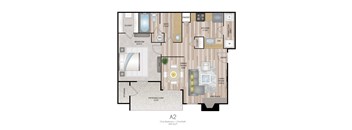 A floor plan of a one bedroom, one bathroom apartment.