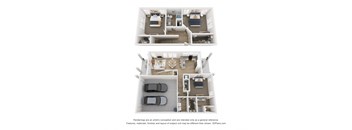 a stylized view of a 3 bedroom floor plan of a 2100 sq ft apartment