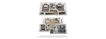 a stylized view of a 2 bedroom floor plan and a 2100 sq ft apartment