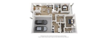 a schematic of a 3 bedroom floor plan with cars in the garage