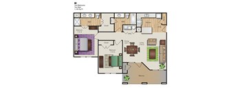 A floor plan of apartment B2 with two bedrooms, two bathrooms, and a total area of 1,100 square feet.