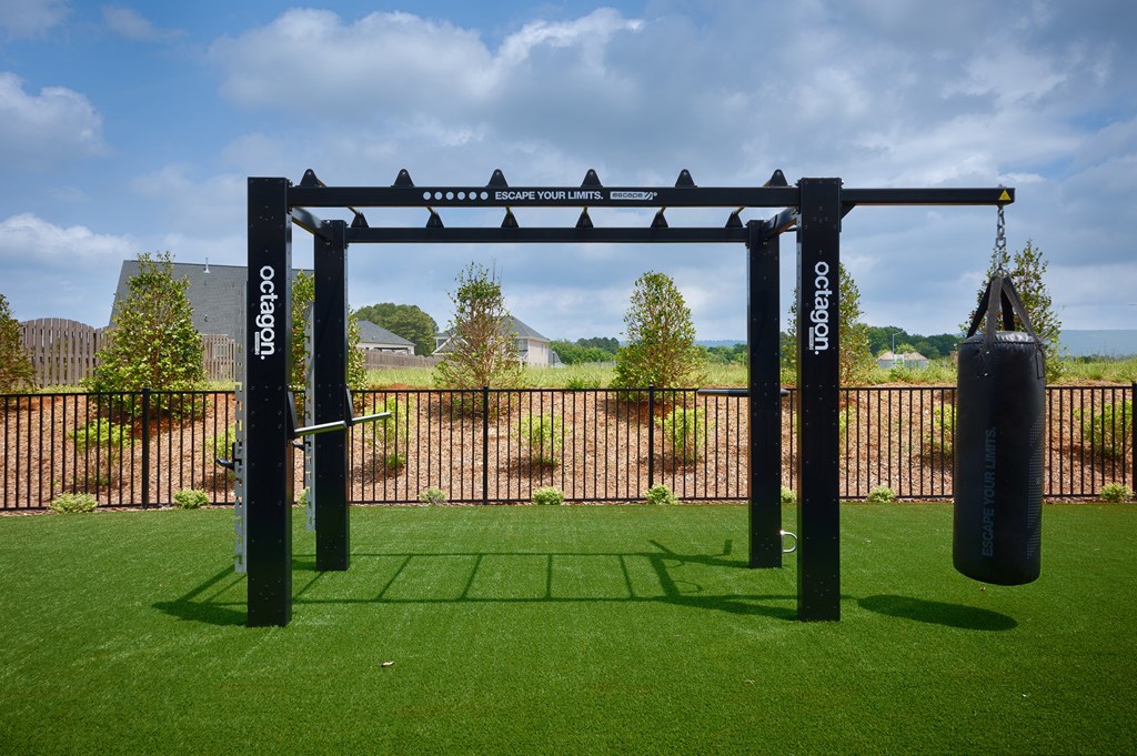 A black outdoor gym equipment set up on a green turf.
