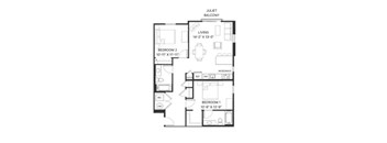 A floor plan of a two bedroom apartment with a living room and a balcony.