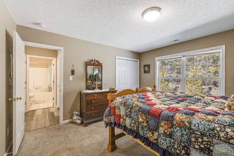 A bedroom with a bed, dresser, and mirror.