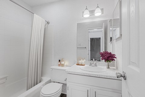 A white bathroom with a toilet, sink, and mirror.
