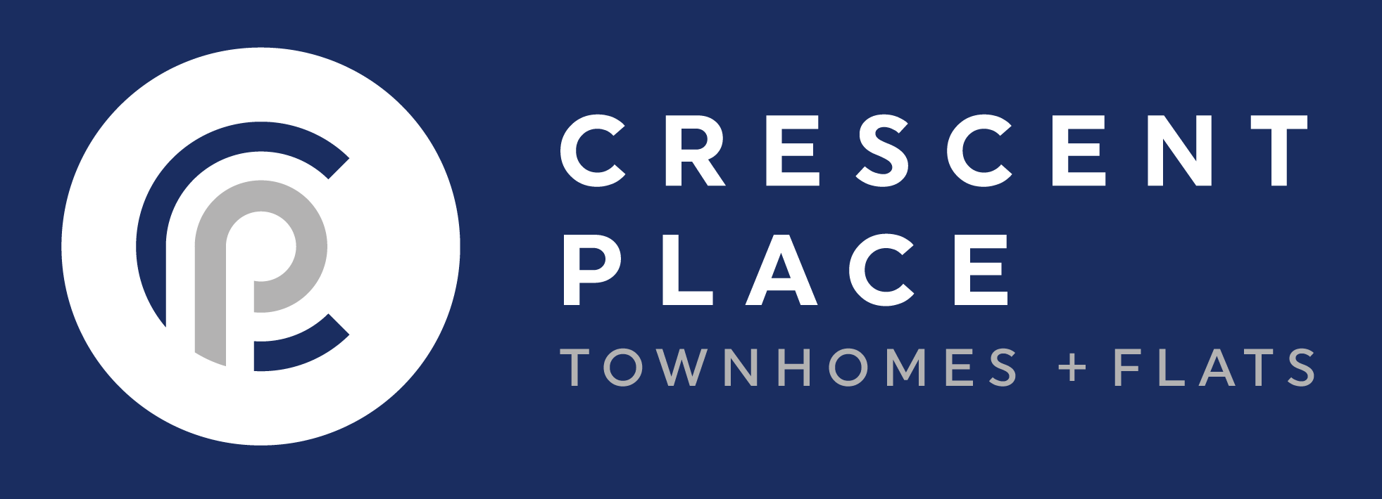 A logo with the text Crescent Place Townhomes + Flats.