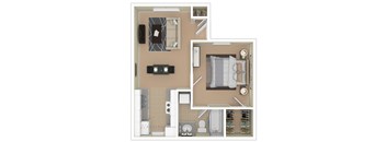 A floor plan of a small apartment with a kitchen, living room, and bathroom.