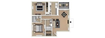 A floor plan of a house with a living room, two bedrooms, a bathroom, and a kitchen.
