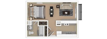 A top-down view of a small apartment layout with a bedroom, living room, and kitchen.