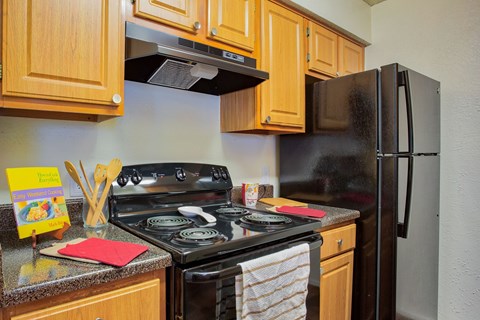 A kitchen with a black stove top oven and a black refrigerator.