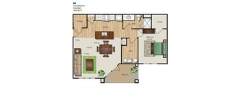 A 3 bedroom apartment with a living room, kitchen, and bathroom.